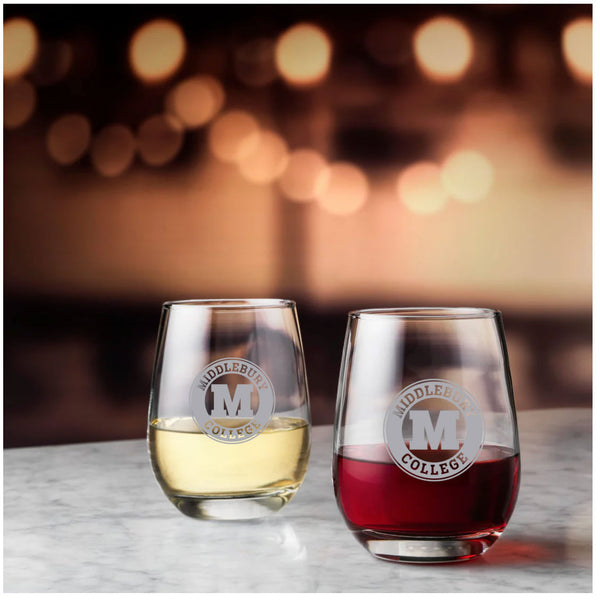 Middlebury College Etched Stemless Wine Glass