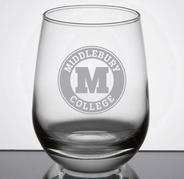 Middlebury College Etched Stemless Wine Glass