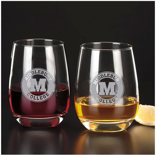 Middlebury College Etched Stemless Wine Glass