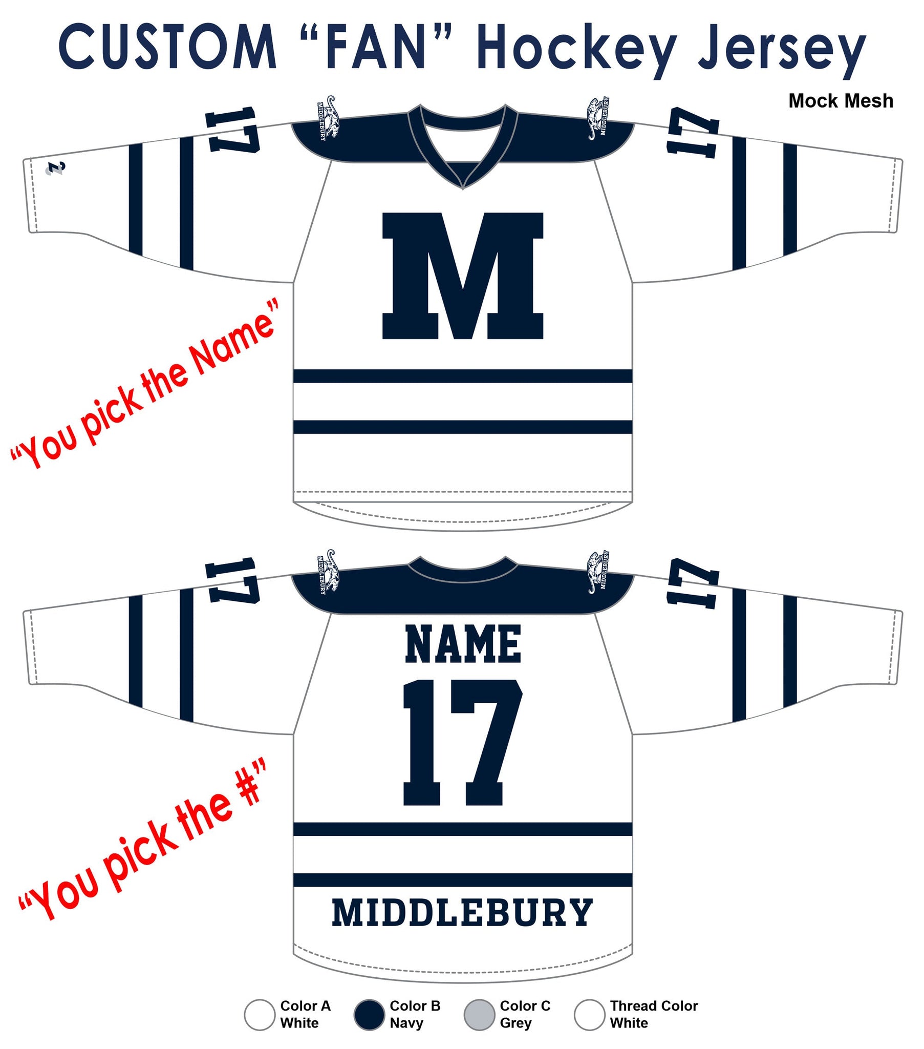 Full Custom Middlebury Hockey Jerseys (Youth) Youth XL